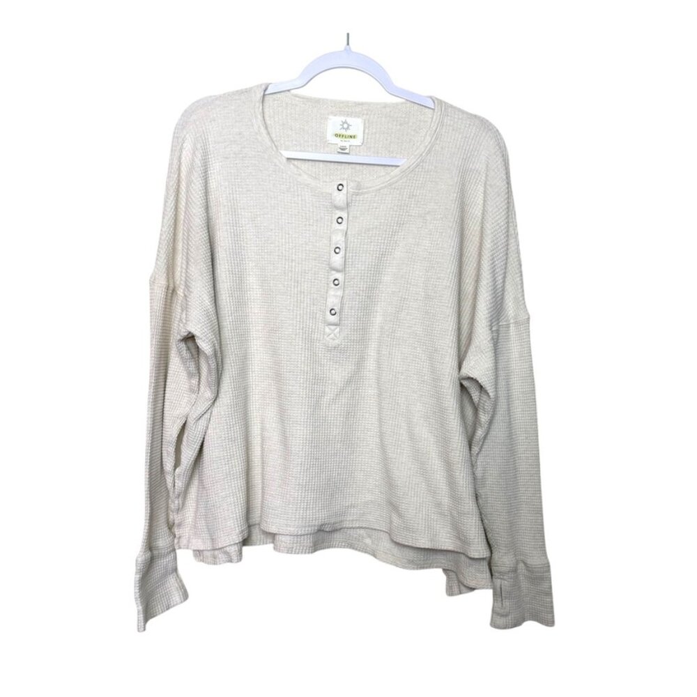 Offline by Aerie Waffle Henley Sweatshirt Button Ribbed Trim Cream Women XL